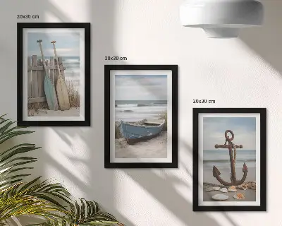 Keretezett triptichon strand evezős csónakkal és homokba szúrt horgonnyal