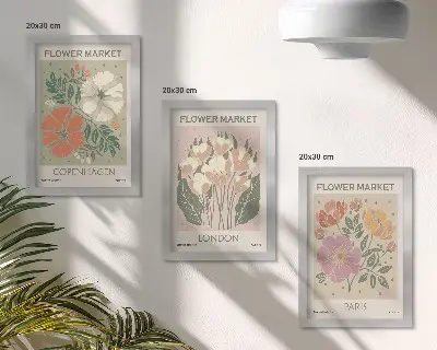 Virágos poszter szett modern keretezett képválogatás Koppenhága, London és Párizs témával