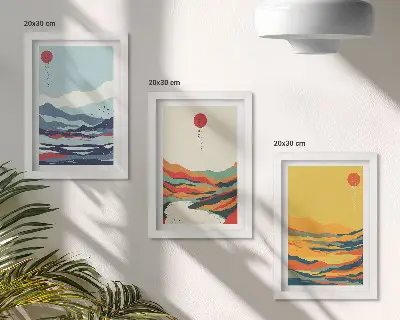 Modern keretezett képszett színes absztrakt hegyi és folyóparti tájak mintával