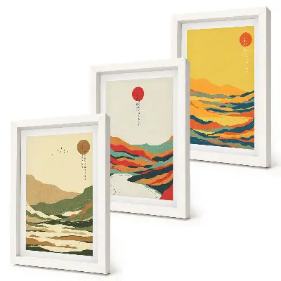 Modern keretezett képszett japandi stílusú színes hegy és folyó mintákkal