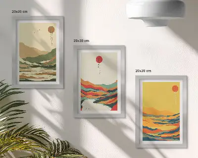 Modern keretezett képszett japandi stílusú színes hegy és folyó mintákkal