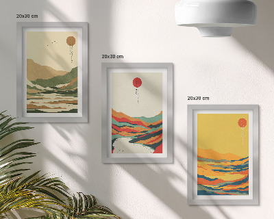 Modern keretezett kép szett Színes minták hegyekből és folyókból Japandi stílusban