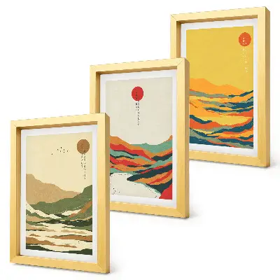 Modern keretezett képszett japandi stílusú színes hegy és folyó mintákkal