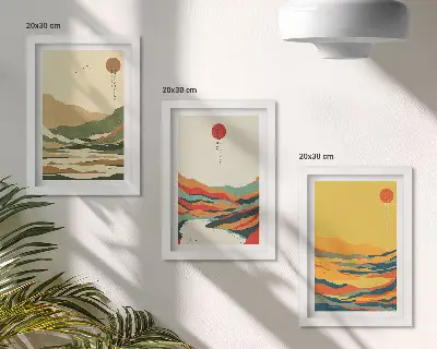 Modern keretezett képszett japandi stílusú színes hegy és folyó mintákkal