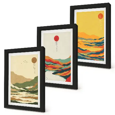 Modern keretezett képszett japandi stílusú színes hegy és folyó mintákkal