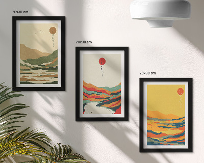 Modern keretezett kép szett Színes minták hegyekből és folyókból Japandi stílusban