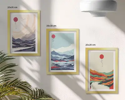Japán absztrakt hegyi tájképek háromrészes keretezett triptichon