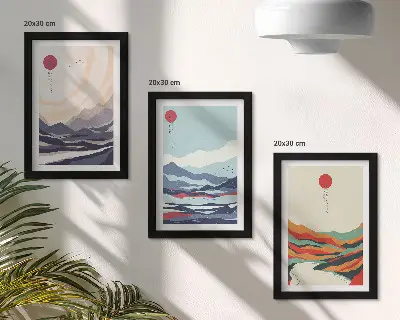 Japán absztrakt hegyi tájképek háromrészes keretezett triptichon