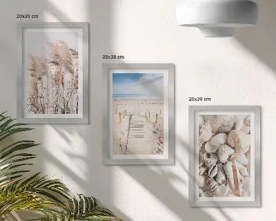 Modern keretezett képszett homokos strand kagylókkal és tengerifűvel mintával