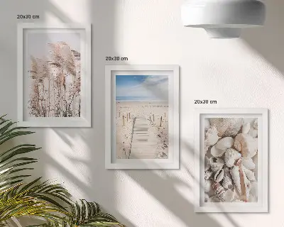 Modern keretezett képszett homokos strand kagylókkal és tengerifűvel mintával