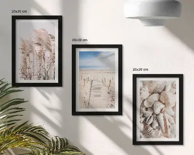 Modern keretezett képszett homokos strand kagylókkal és tengerifűvel mintával