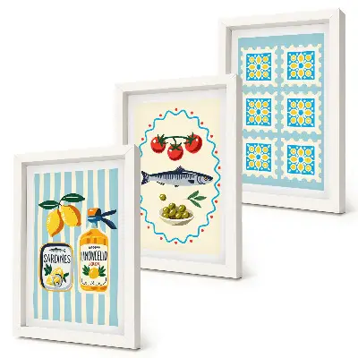 Modern keretezett képszett mediterrán stílusú konyhai illusztrációkkal