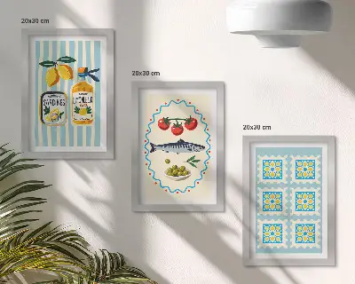 Modern keretezett képszett mediterrán stílusú konyhai illusztrációkkal