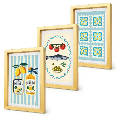 Modern keretezett képszett mediterrán stílusú konyhai illusztrációkkal