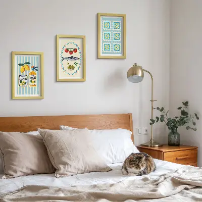 Modern keretezett képszett mediterrán stílusú konyhai illusztrációkkal