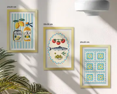 Modern keretezett képszett mediterrán stílusú konyhai illusztrációkkal