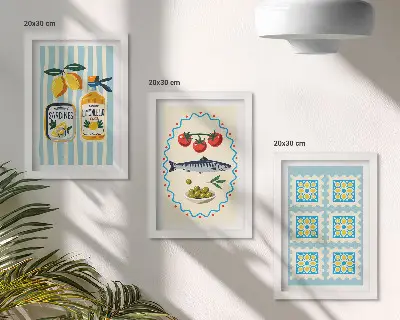 Modern keretezett képszett mediterrán stílusú konyhai illusztrációkkal