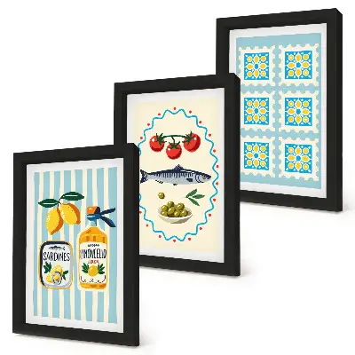 Modern keretezett képszett mediterrán stílusú konyhai illusztrációkkal