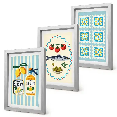 Modern keretezett képszett mediterrán stílusú konyhai illusztrációkkal