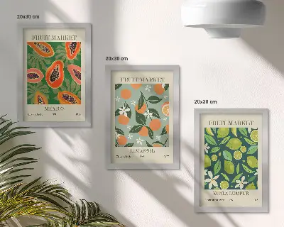 Modern keretezett képszett vintage gyümölcsmintás plakátokkal