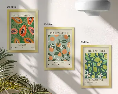 Modern keretezett képszett vintage gyümölcsmintás plakátokkal