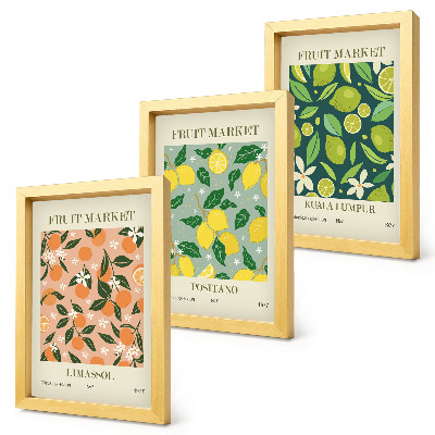 Modern keretezett kép szett Gyümölcsös minták citrusfélékkel és vintage virágokkal