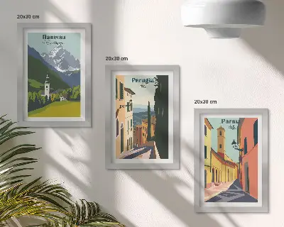 Hegyi tájak és olasz városok utcái háromrészes keretezett triptichon