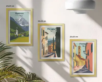 Hegyi tájak és olasz városok utcái háromrészes keretezett triptichon