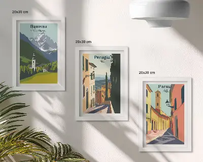 Hegyi tájak és olasz városok utcái háromrészes keretezett triptichon