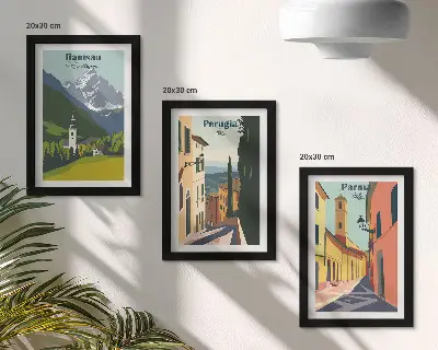 Hegyi tájak és olasz városok utcái háromrészes keretezett triptichon