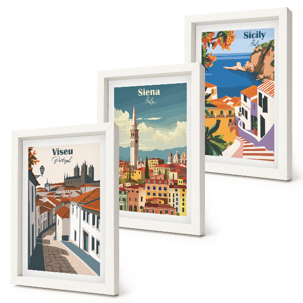 Keretezett triptichon Retro illusztrációk híres városokról a világ minden tájáról