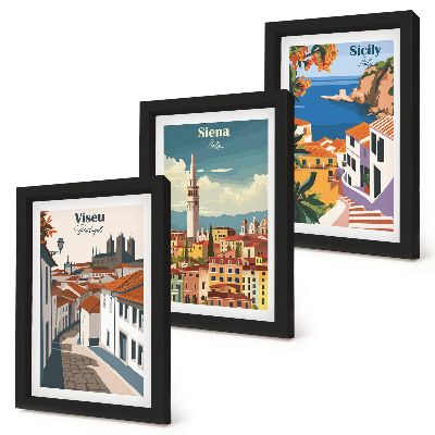 Keretezett triptichon Retro illusztrációk híres városokról a világ minden tájáról