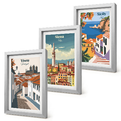 Keretezett triptichon Retro illusztrációk híres városokról a világ minden tájáról