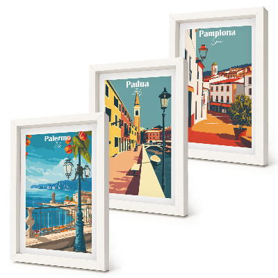 Keretezett triptichon Népszerű városok retró illusztratív stílusban