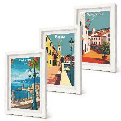 Keretezett triptichon népszerű városokat ábrázoló retró illusztráció