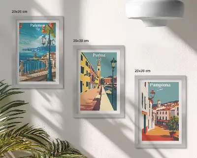 Keretezett triptichon népszerű városokat ábrázoló retró illusztráció