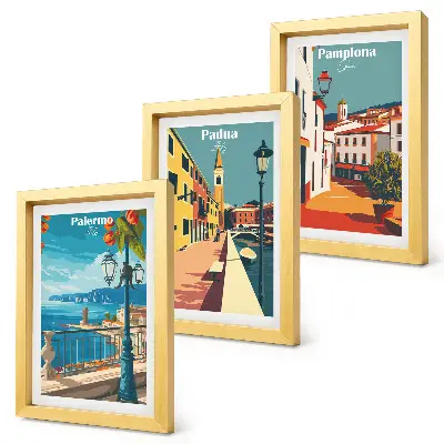 Keretezett triptichon népszerű városokat ábrázoló retró illusztráció