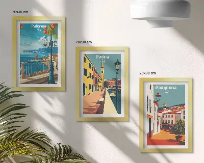 Keretezett triptichon népszerű városokat ábrázoló retró illusztráció