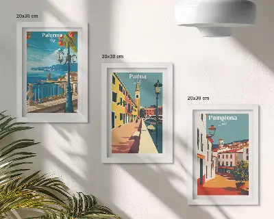 Keretezett triptichon népszerű városokat ábrázoló retró illusztráció