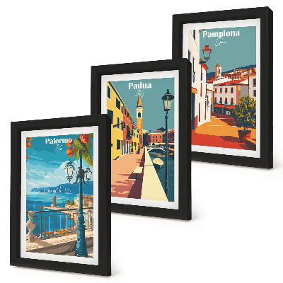 Keretezett triptichon Népszerű városok retró illusztratív stílusban