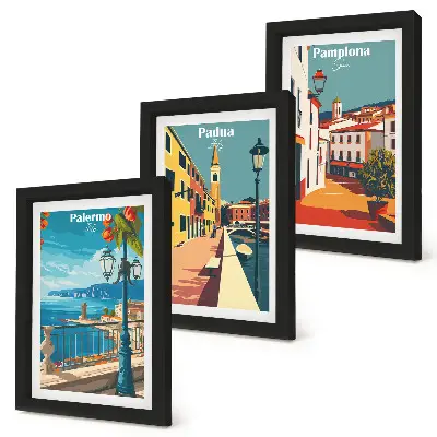 Keretezett triptichon népszerű városokat ábrázoló retró illusztráció