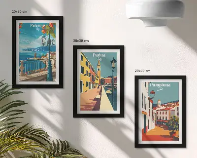 Keretezett triptichon népszerű városokat ábrázoló retró illusztráció