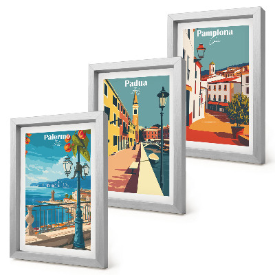 Keretezett triptichon Népszerű városok retró illusztratív stílusban
