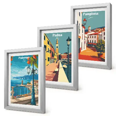 Keretezett triptichon népszerű városokat ábrázoló retró illusztráció