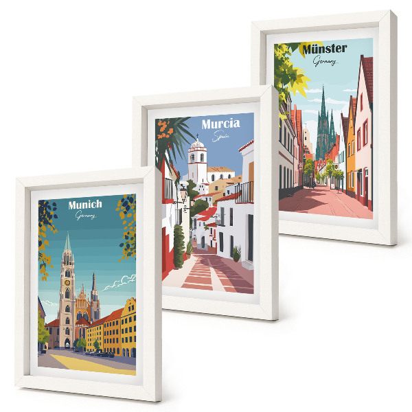 Modern keretezett kép szett Európai városok színes illusztrációkon