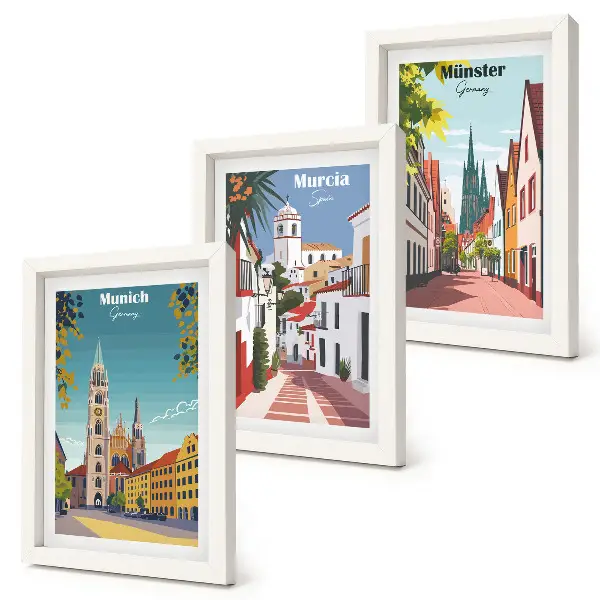 Modern keretezett képszett európai városokat ábrázoló színes illusztrációkkal