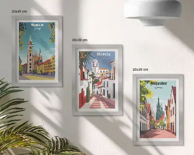 Modern keretezett képszett európai városokat ábrázoló színes illusztrációkkal