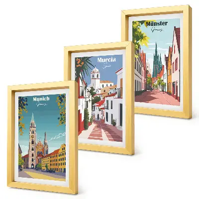Modern keretezett képszett európai városokat ábrázoló színes illusztrációkkal