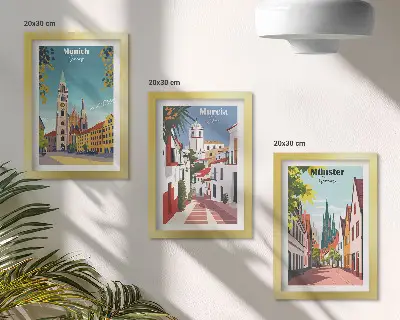 Modern keretezett képszett európai városokat ábrázoló színes illusztrációkkal
