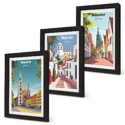 Modern keretezett képszett európai városokat ábrázoló színes illusztrációkkal